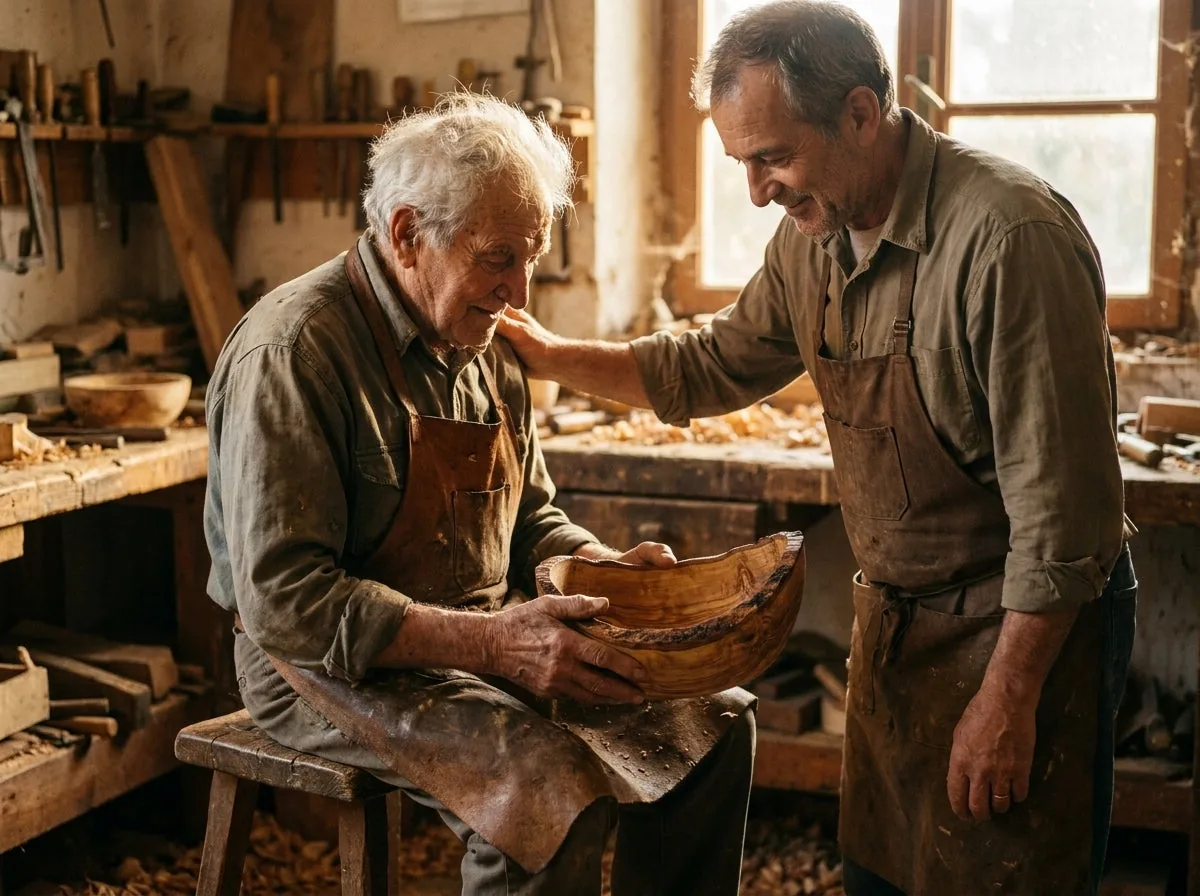 Domenico Ricci at 91 holding a half-finished bowl beside his son