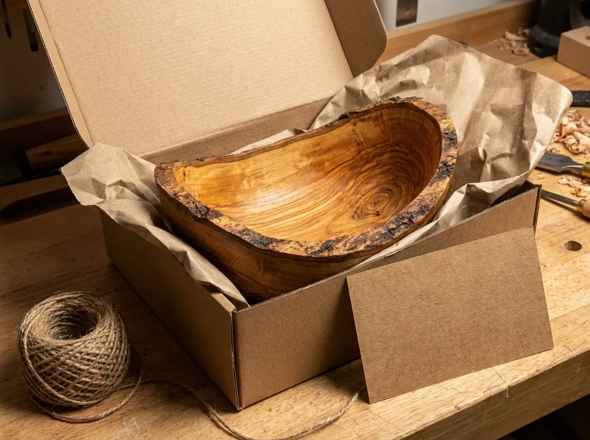 An Ostuni olive wood bowl packed in kraft paper before shipping