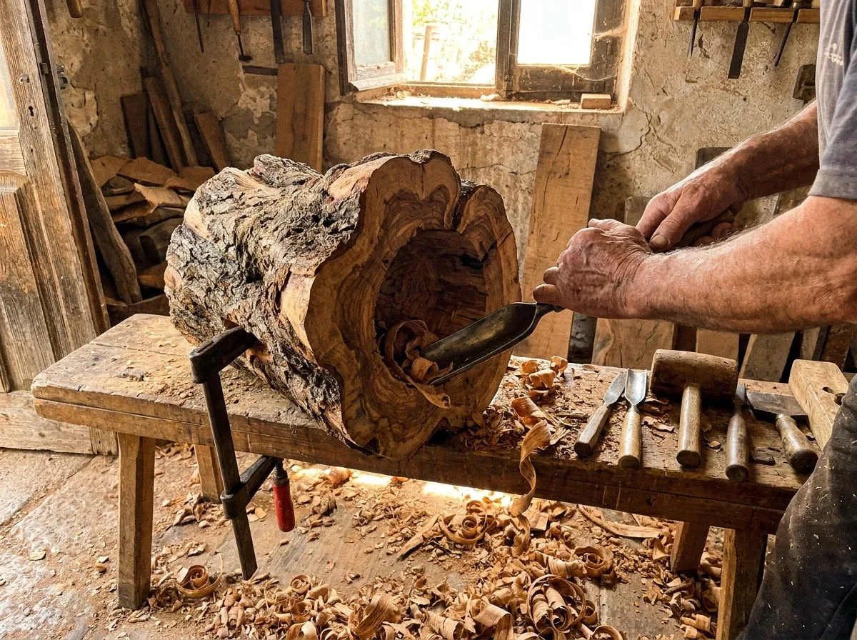 A gouge cutting the hollow of a bowl out of a single olive trunk