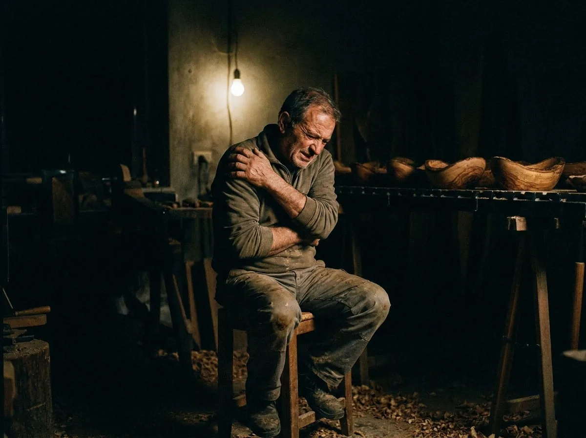 Salvatore alone in the unlit workshop, holding his right shoulder